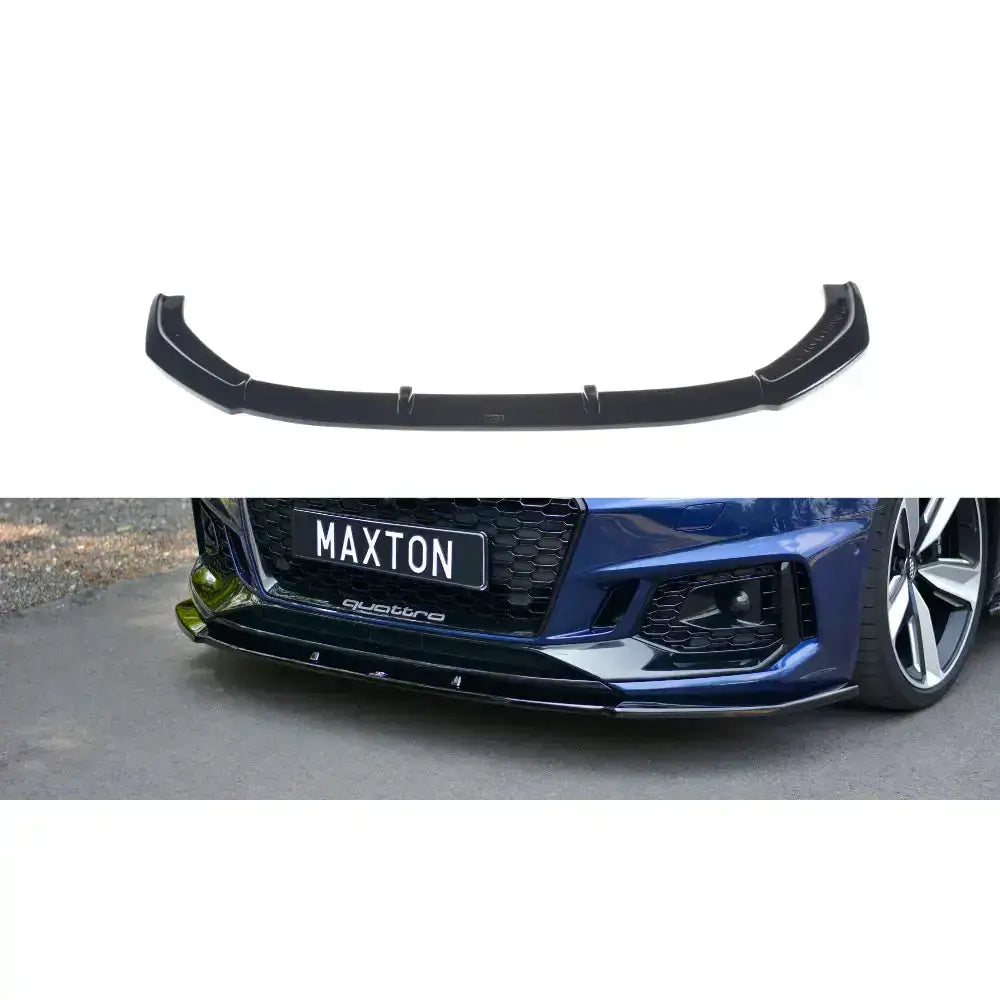 Frontspoiler Audi RS4 B9 V.1 i sort plast, vist alene og montert på mørkeblå bil forfra.