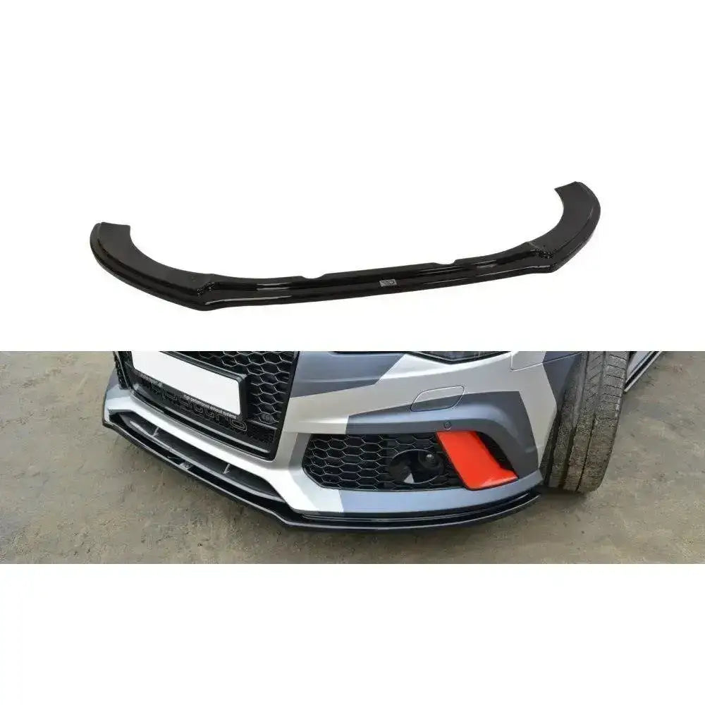 Frontspoiler Audi RS6 C7 V.1 i sort glanset plast, vist separat og montert på bilens frontfanger.