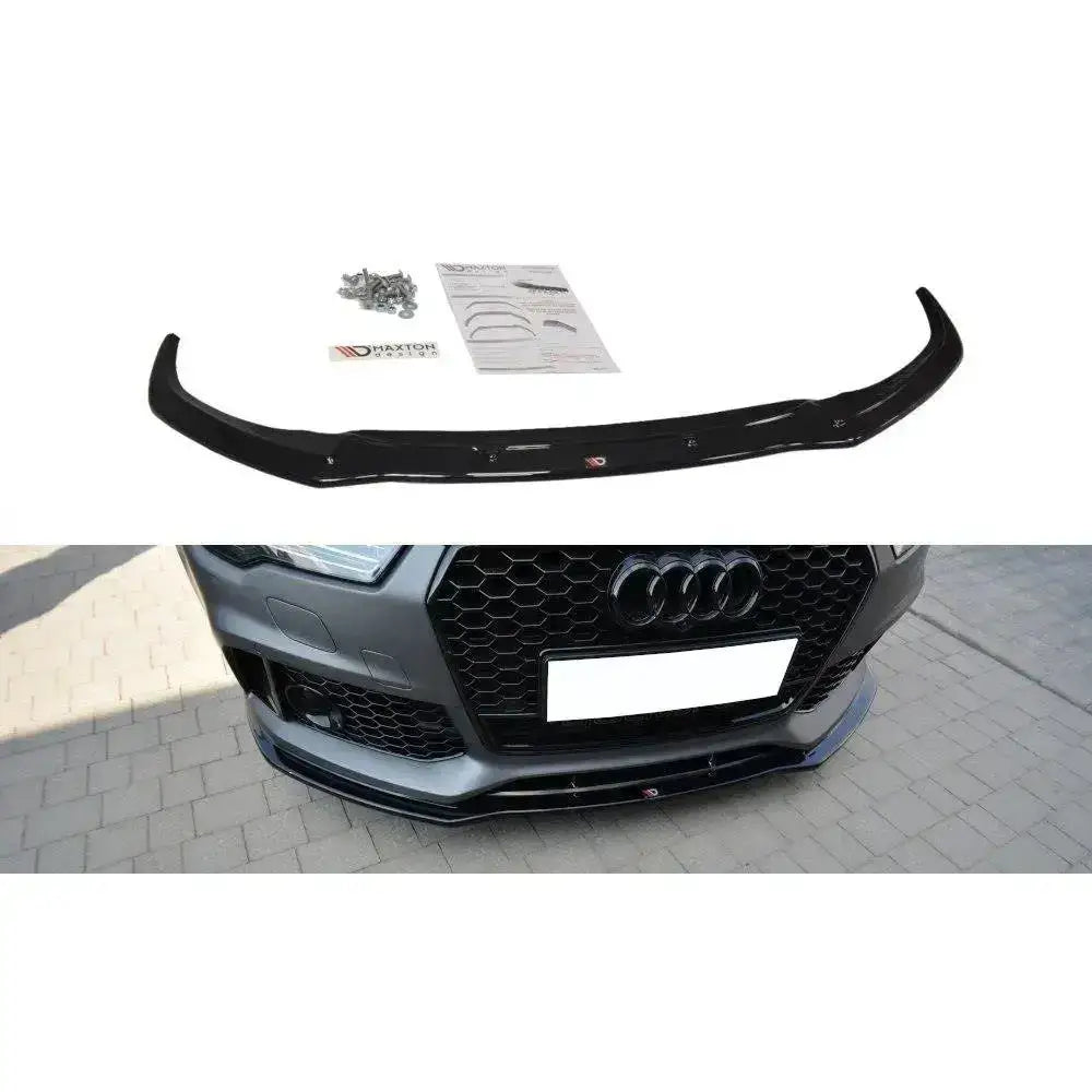 Frontspoiler Audi RS7 Facelift V.1 sett ovenfra med monteringsutstyr og montert på bilfront.