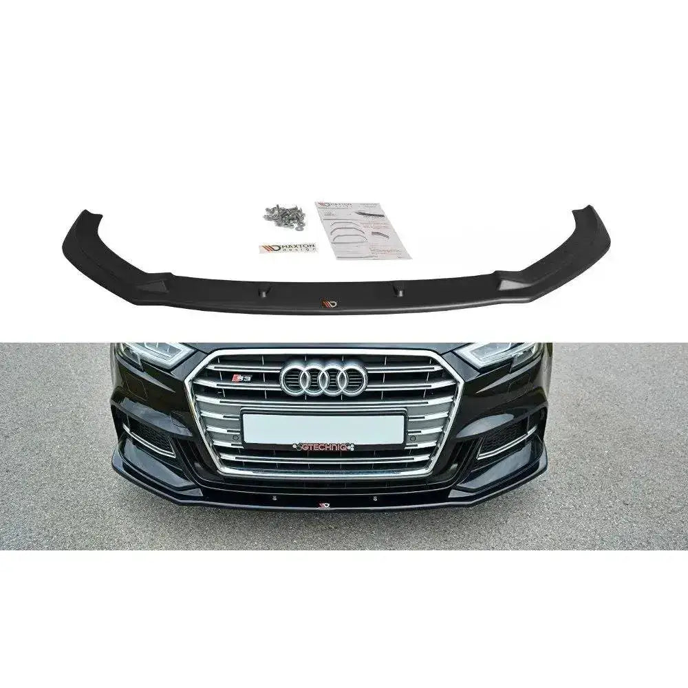 Frontspoiler Audi S3 A3 S-Line 8V FL V.1 i sort plast, vist montert på svart bil med tilbehør.