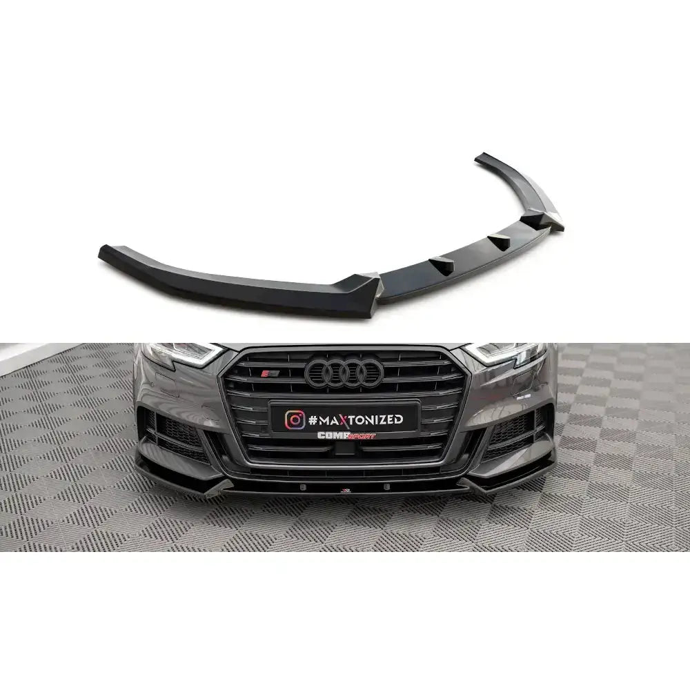 Frontleppe Audi S3 Sportback 8V Facelift, sort plast med markerte vinkler, vist montert og separat.