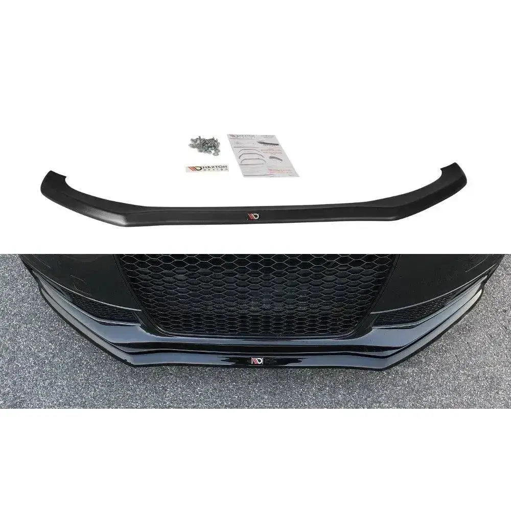 Frontspoiler Audi S4 B8 FL V.1 sett ovenfra med monteringsskruer og instruksjoner ved siden av.