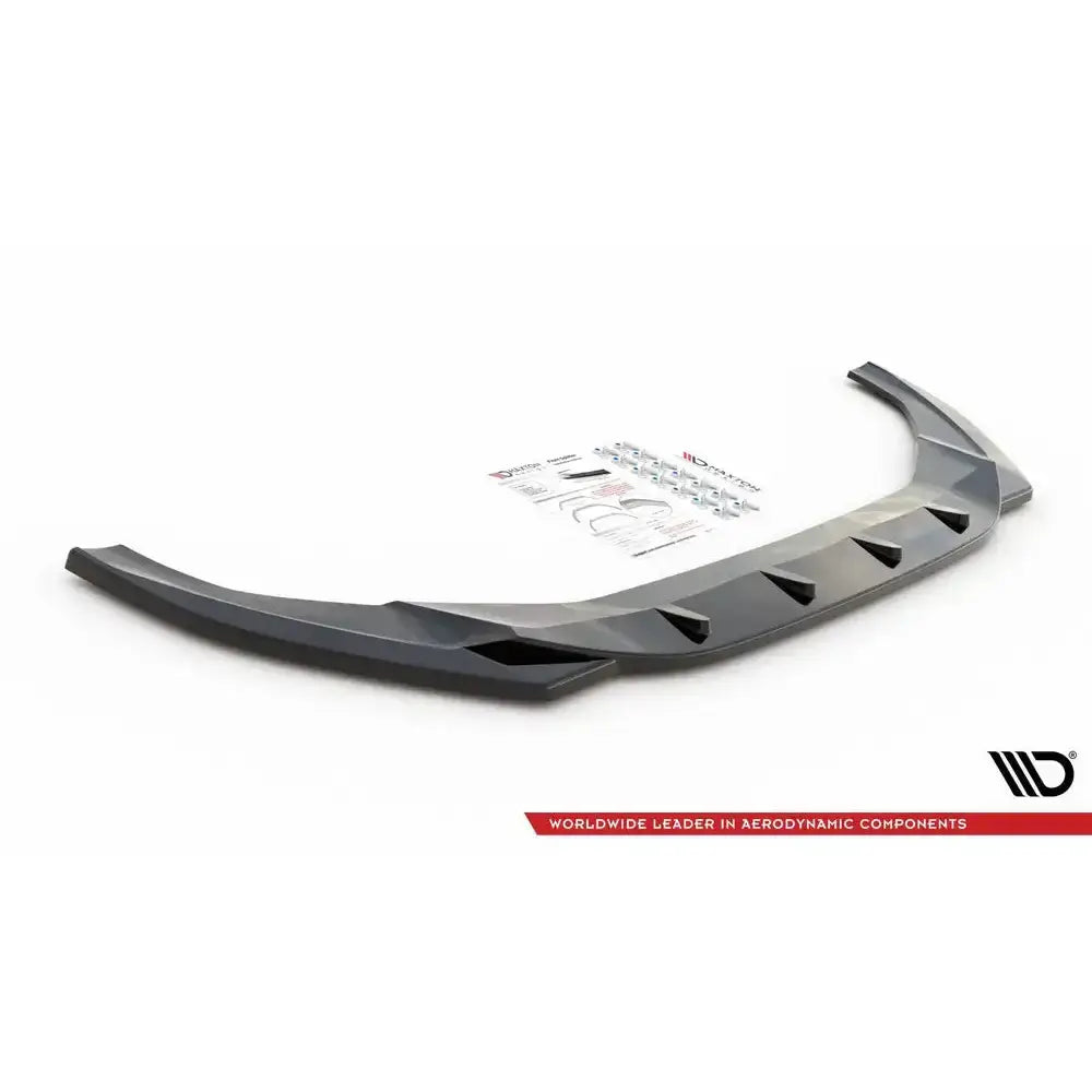 Front lip til Audi S5/A5 S-Line F5 Facelift, svart plast med festedeler og monteringsanvisning.