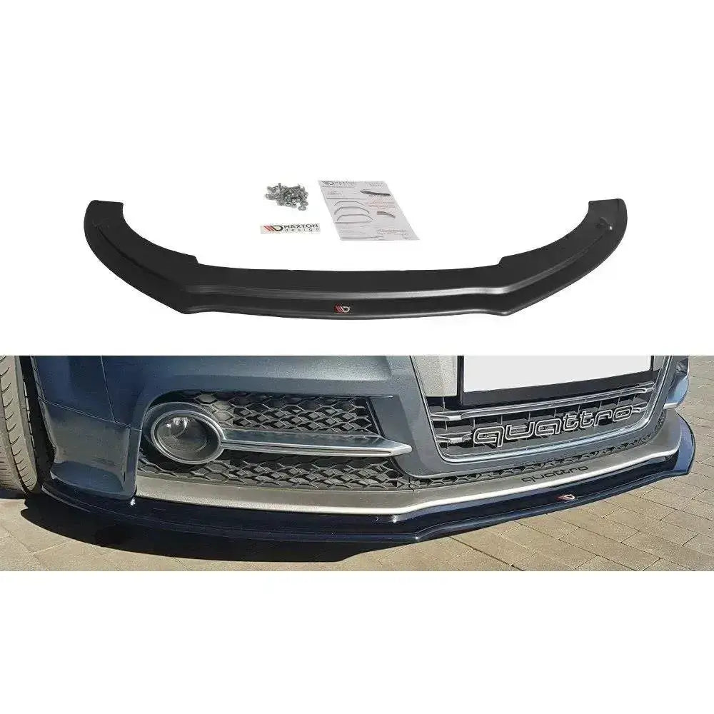 Frontspoiler Audi TT S Mk2 sort plast sett ovenfra med skruer, monteringsanvisning og bilfront.