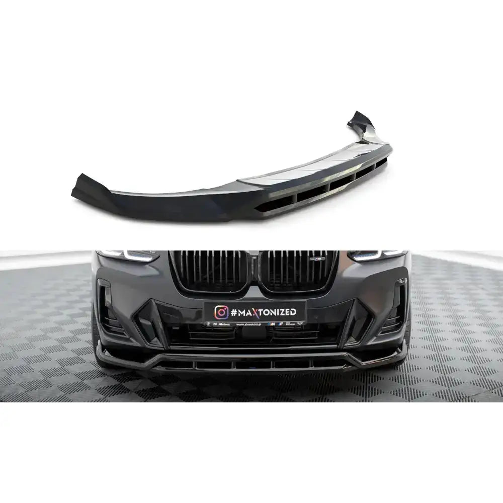 Frontspoiler BMW X3 G01 Facelift M-Pack V.1 i sort plast med sporty, vinklede linjer, vist separat og montert.