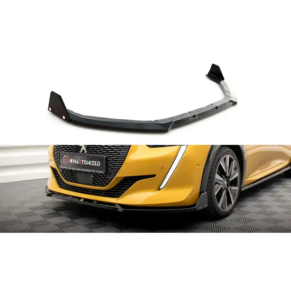 Frontspoiler Peugeot 208 GT Mk2 V.2 i sort plast, vist montert på gul bil med tydelig passform.