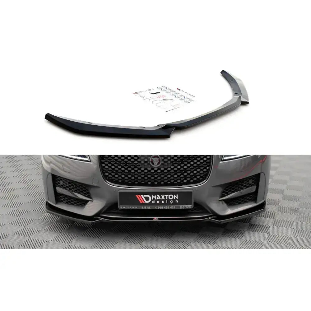Frontspoiler Jaguar XF R-Sport Mk2 V.1 15-20 i sort plast med monteringsutstyr, vist fra fronten.