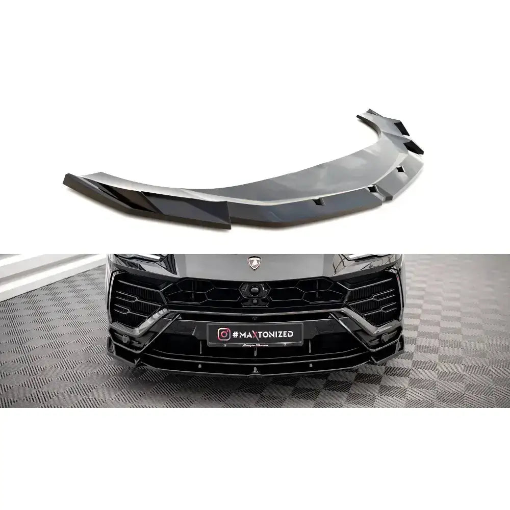 Frontspoiler Lamborghini Urus Mk1 V.1 i sort blank plast, montert og separat med aerodynamisk design.