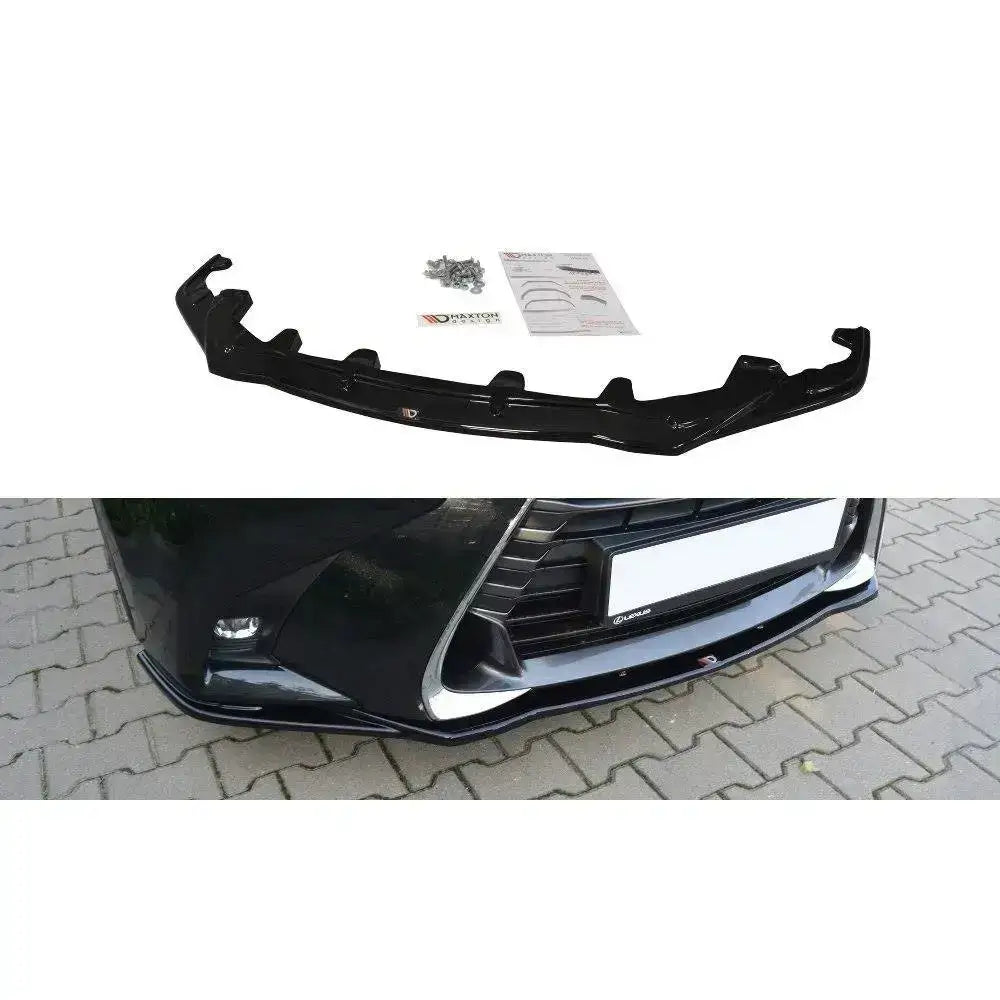 Frontspoiler Lexus GS Mk4 Facelift V.1 i sort blank plast med monteringssett, sett ovenfra og montert på bil.