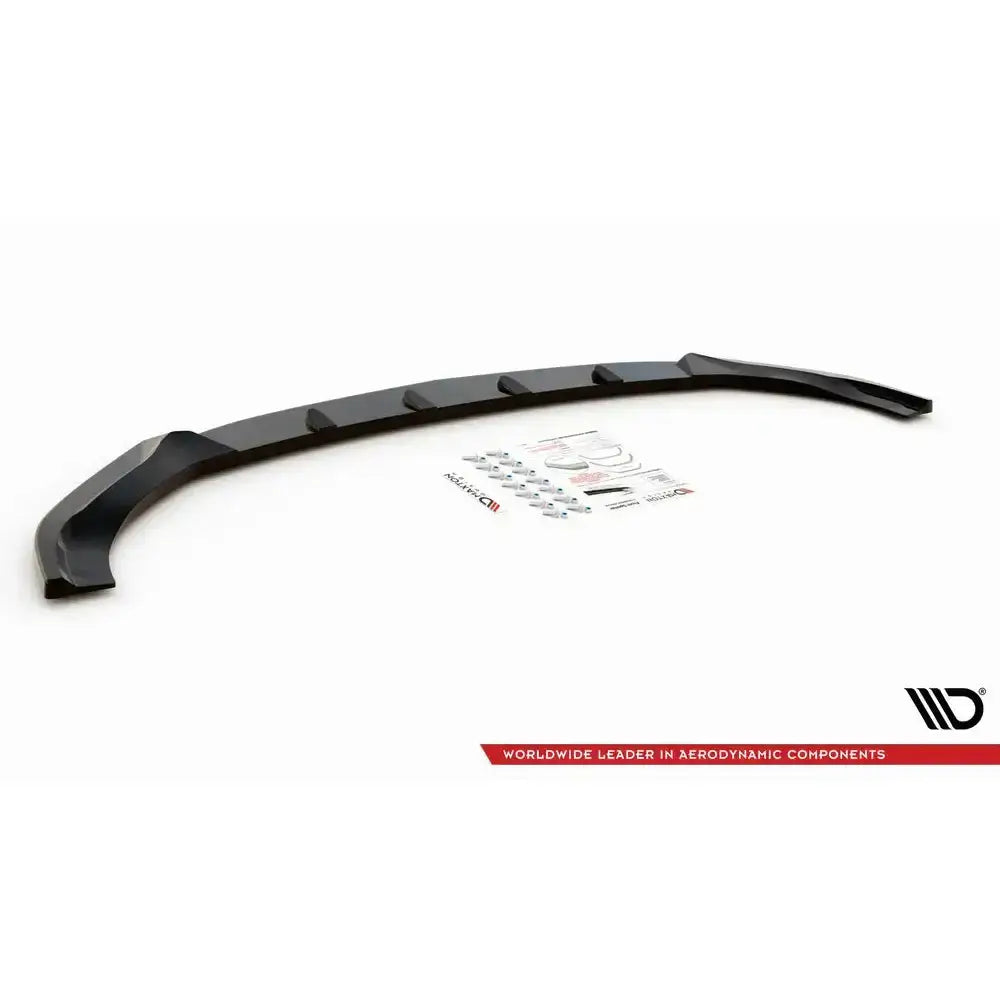 Frontspoiler Mercedes GLE Coupe 63AMG C292 sort plast med monteringsutstyr og instruksjoner på hvit bakgrunn.