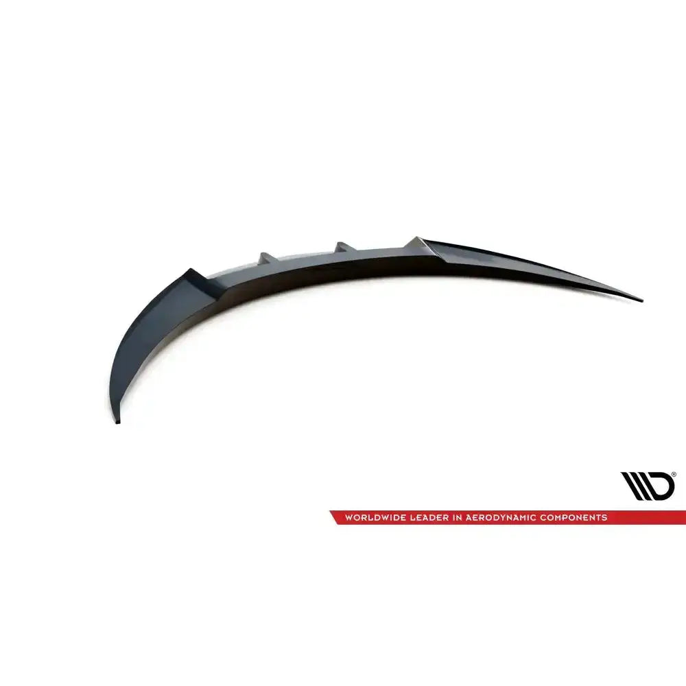 Frontspoiler V.1 til Opel Insignia OPC Mk1 09-13, svart plast med finner, vist fra skrå vinkel.