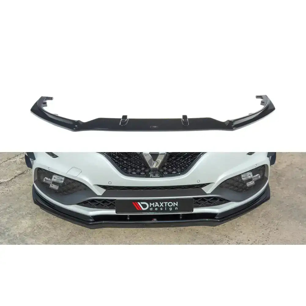 Frontspoiler til Renault Megane IV Rs V.1, sort plast, vist alene og montert på hvit bil forfra.