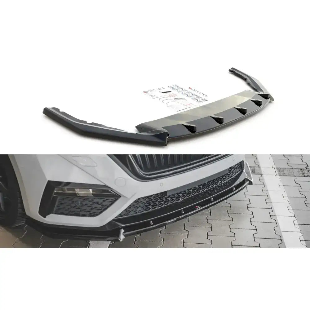 Frontspoiler Skoda Octavia RS Mk4 V.1 20-, sort plast med luftkanaler, vist løs og montert på bilfront.