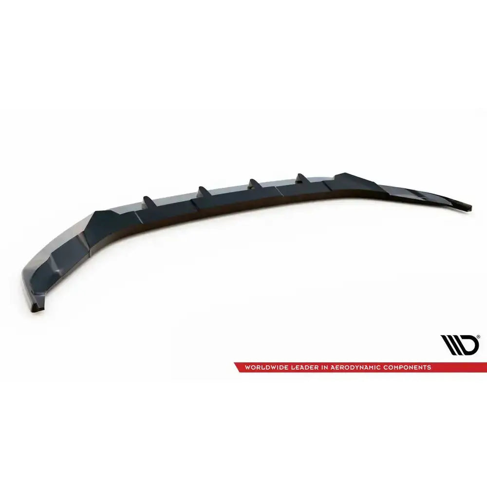 Frontspoiler Volkswagen Atlas Cross Sport V.1 i svart plast med ribber, skrå vinkel, hvit bakgrunn.