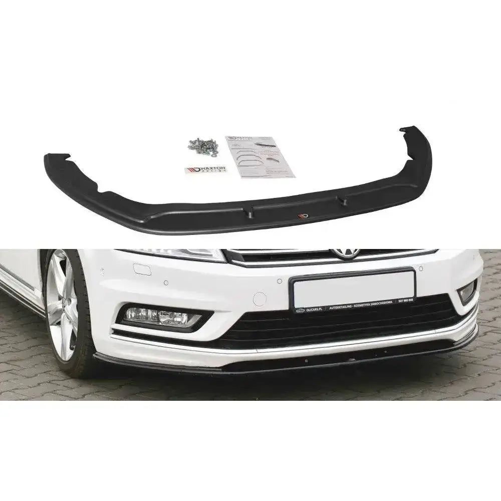 Frontspoiler VW Passat B7 V.1 R-Line i sort plast, sett forfra montert på hvit bil med skruer og veiledning.