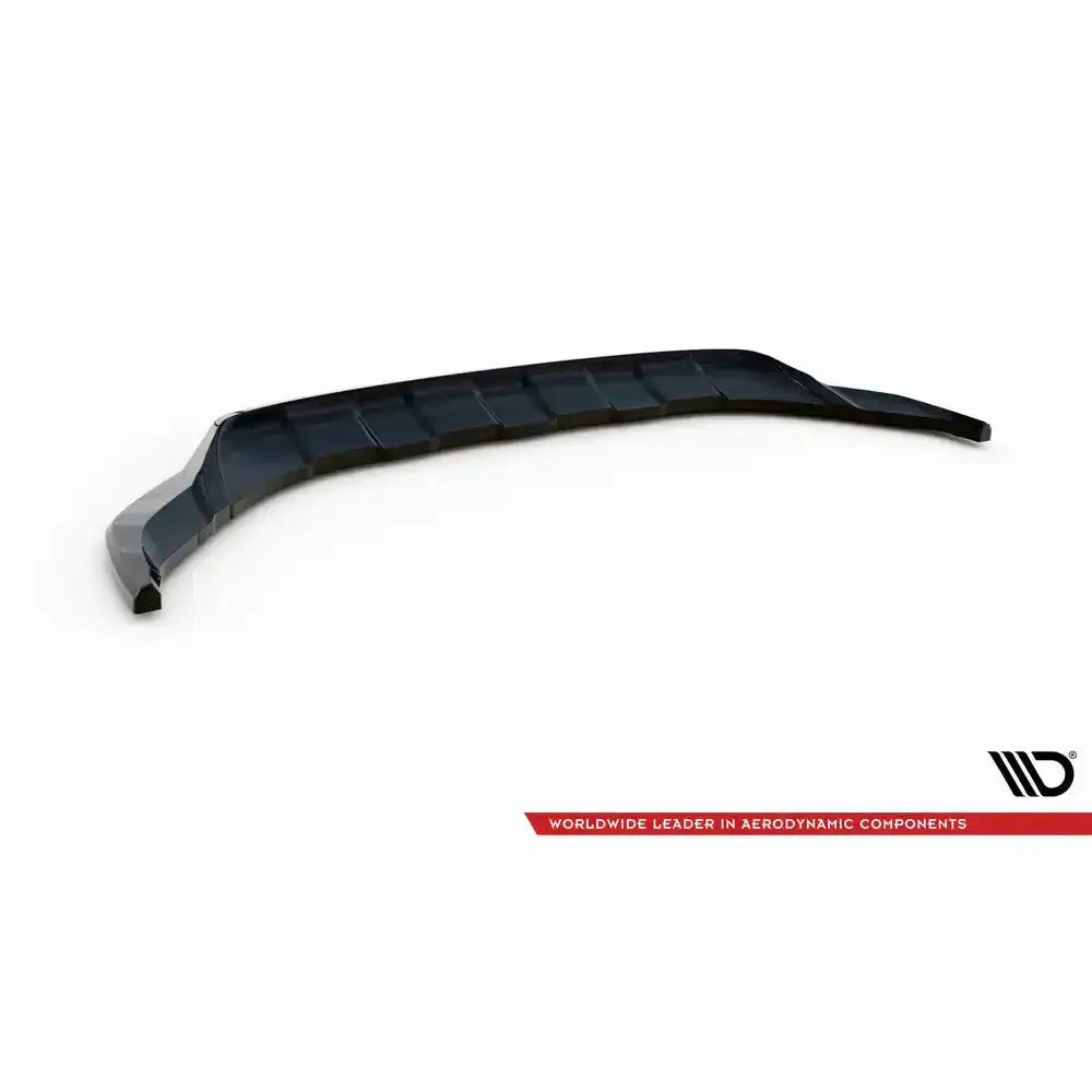 Frontspoiler VW T-Roc R Mk1 Facelift V.1 i svart plast med ribber, skrå vinkel, hvit bakgrunn.