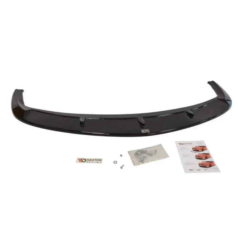 Front lip til Alfa Romeo 159 V.2, sort buet spoiler med skruer, instruksjoner og etikett sett ovenfra.