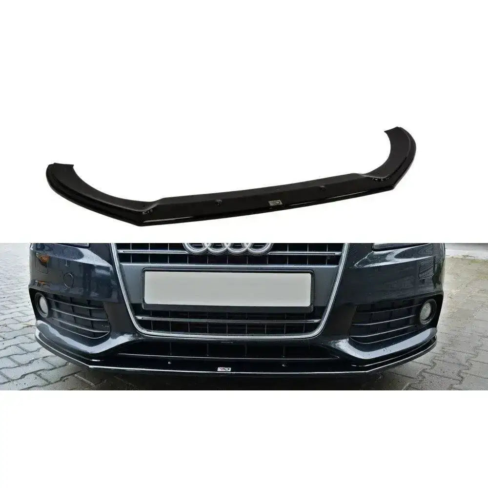 Frontspoiler Audi A4 B8 V.2 i sort plast, vist montert og separat foran mørk bil.