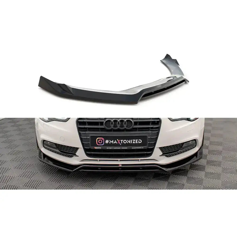 Frontspoiler Audi A5 Coupe 8T Facelift V.2 i sort plast, vist montert på hvit bil og separat.