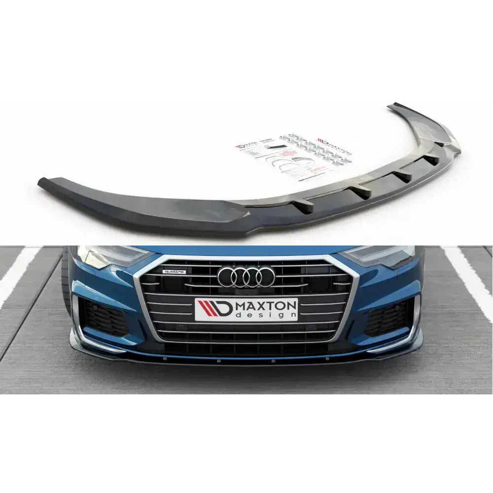 Frontspoiler Audi A6 S-Line sort splitter med monteringsutstyr, vist montert på blå bilfront.