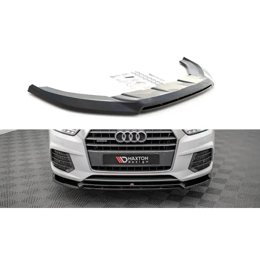 Frontspoiler Audi Q3 S-Line 8U Facelift 14-18 V.2 i sort plast, vist separat og montert på hvit bil.