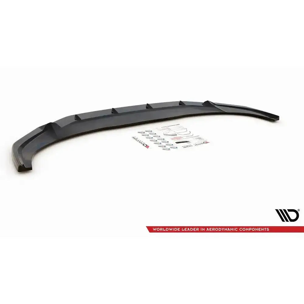 Front splitter Audi Q3 Sportback S-Line V.2 sort plast med monteringsutstyr og instruksjoner vist ovenfra.