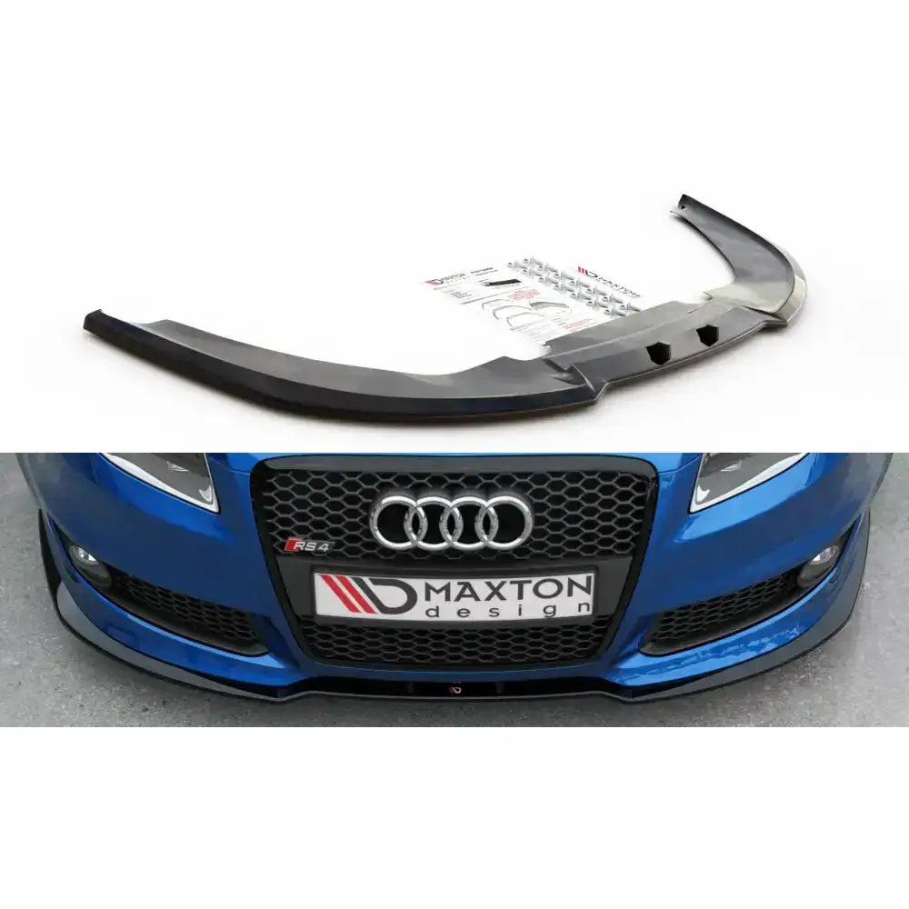 Frontspoiler Audi RS4 B7 V.2 montert på blå bil, sort splitter vist fra skrå vinkel foran grillen.