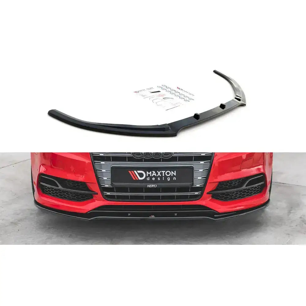 Frontspoiler Audi S3 / A3 S-Line 8V 13-16 V.2 sort splitter vist separat og montert på rød bil.