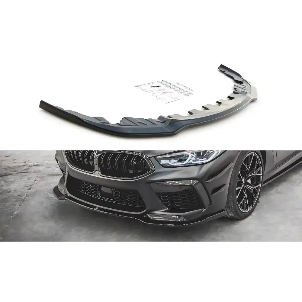 Frontspoiler BMW M8 Gran Coupe F93 V.2 sett ovenfra, montert på bil med sportslige detaljer.