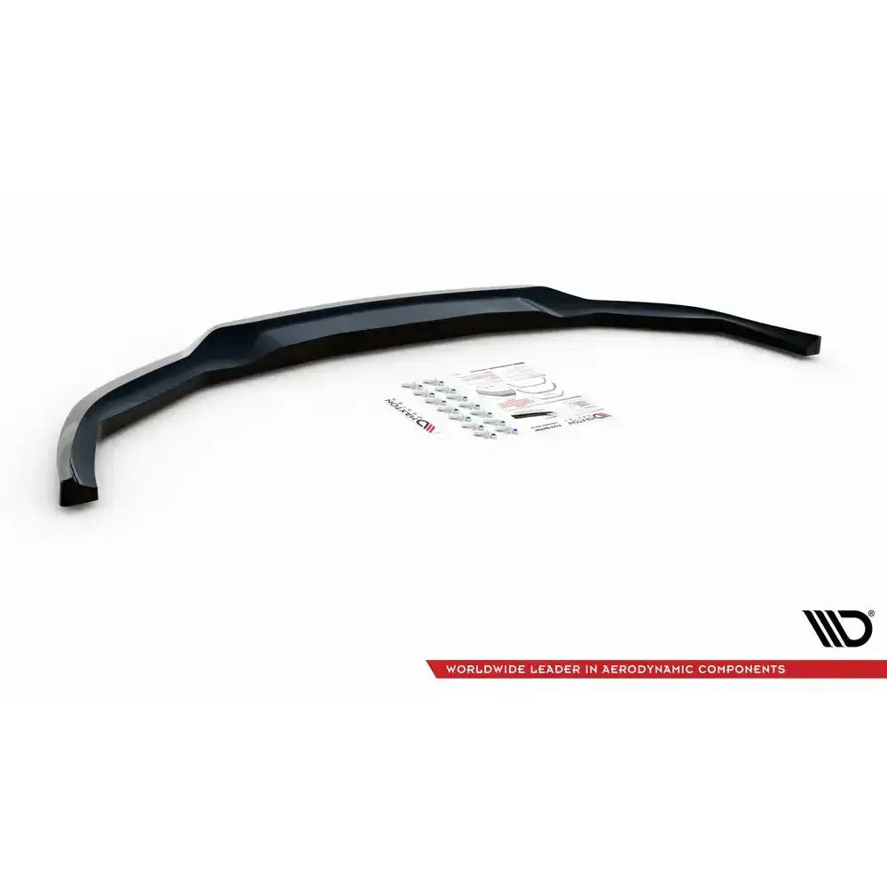 Frontspoiler Dodge Charger RT Mk7 V.2 sett ovenfra med monteringssett og instruksjoner på hvit bakgrunn.