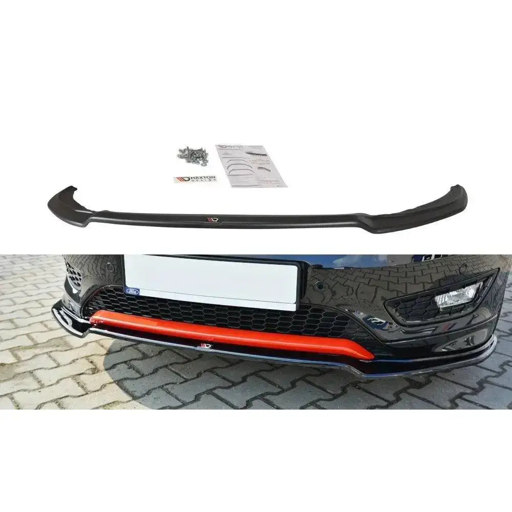 Frontspoiler til Ford Focus 3 St-Line V.2, svart med rød stripe, vist med monteringsutstyr og på bil.