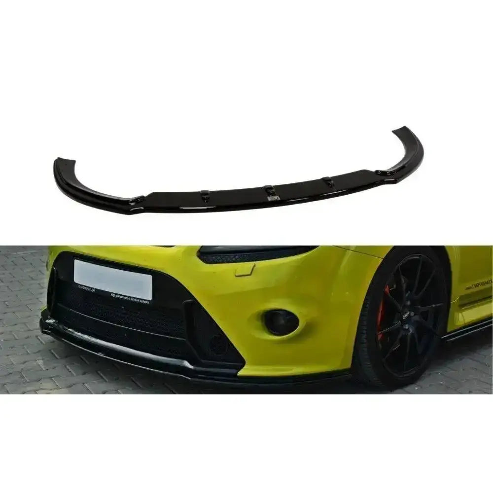 Frontspoiler Ford Focus Mk2 Rs V.3 i sort blank plast vist fra toppen og montert på gul bil.
