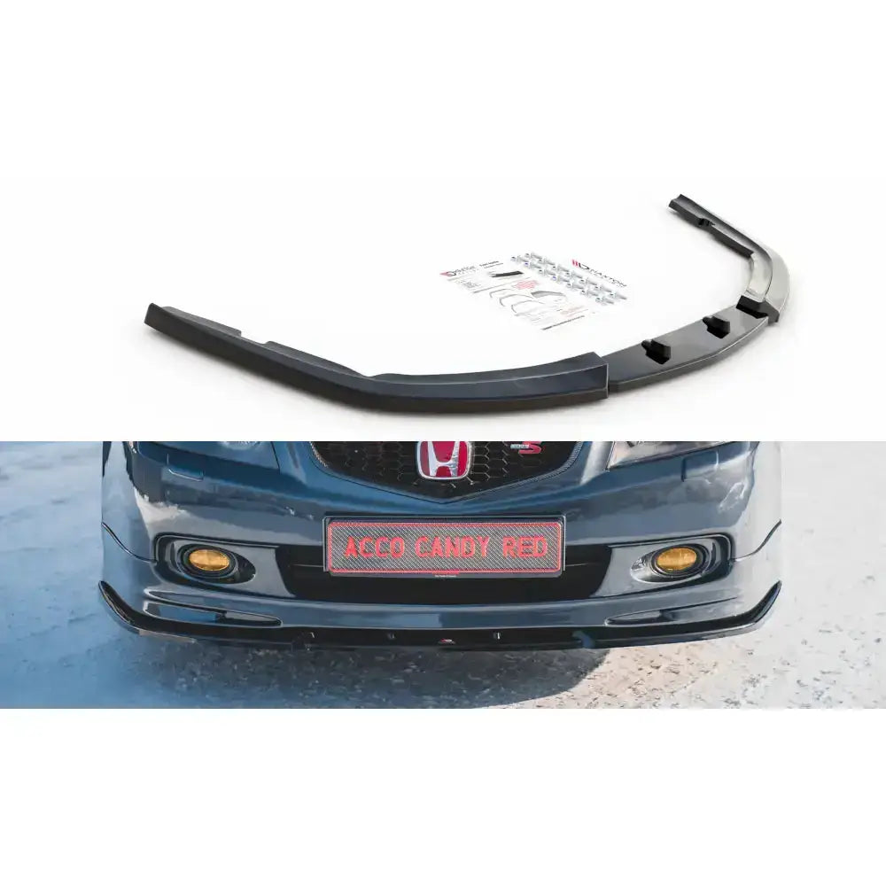 Frontspoiler Honda Accord Mk7 Type-S V.2 sort plast med monteringsutstyr, vist løst og montert på bilfront.