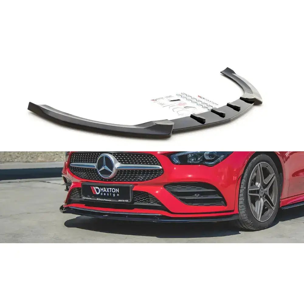 Frontspoiler Mercedes CLA C118 V.2 Amg-Line i sort plast med ribbedetaljer, montert på rød bil.