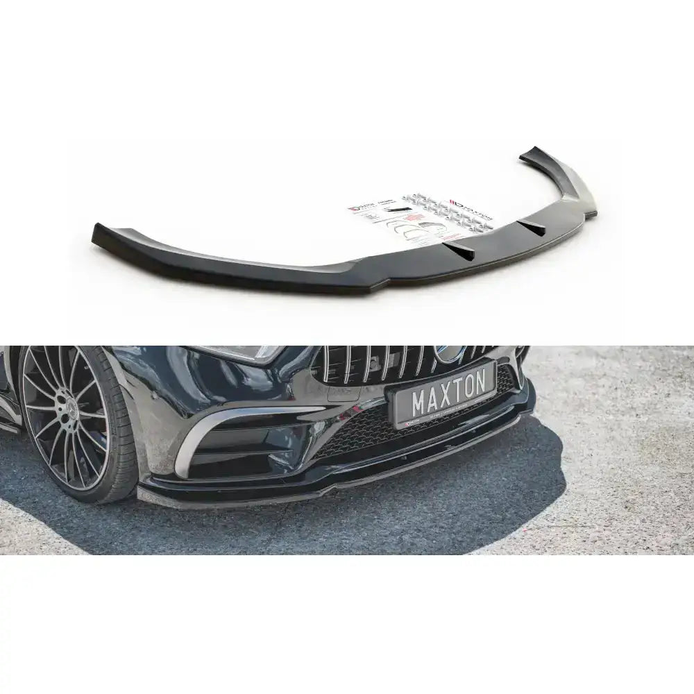 Frontspoiler Mercedes CLS Amg-Line C257 V.2 i sort plast, vist alene og montert forfra på mørk bil.