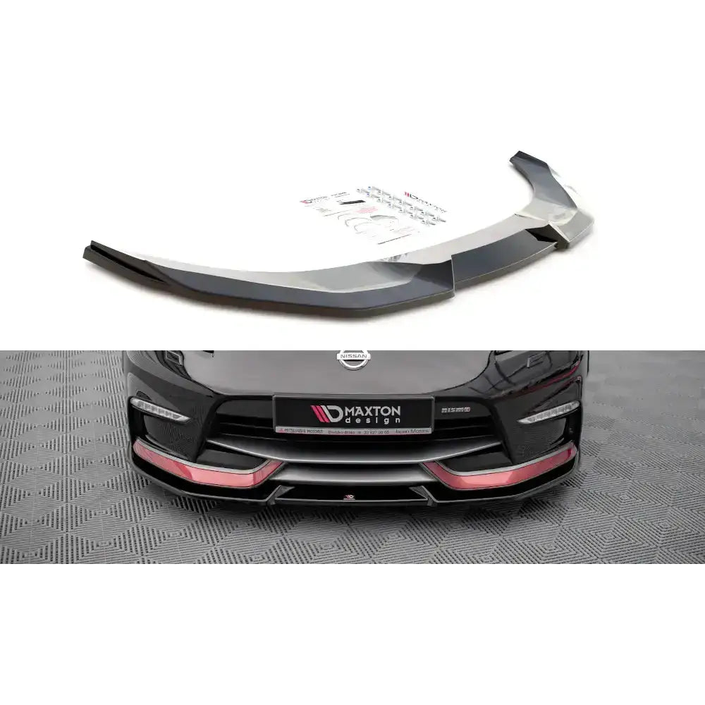 Frontspoiler til Nissan 370Z Nismo Facelift 14-20 V.2, sort plast med røde detaljer, vises montert og alene.