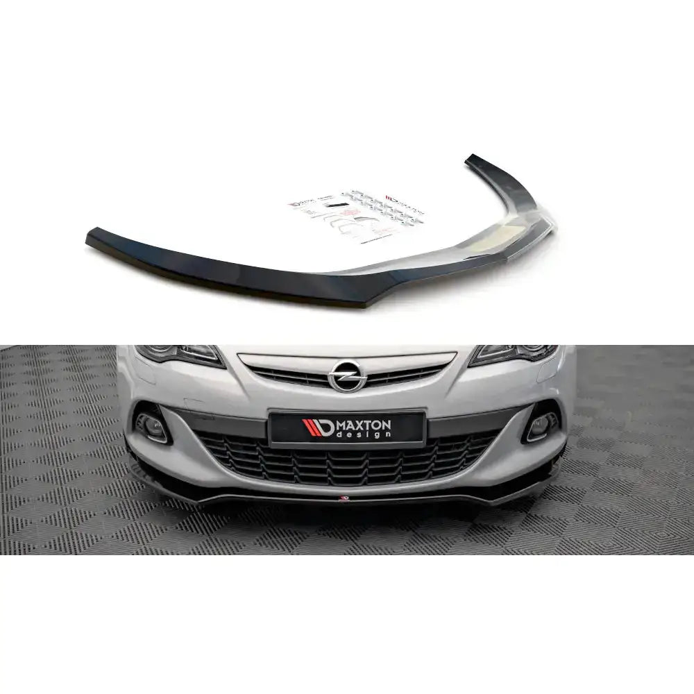 Frontspoiler til Opel Astra GTC OPC-Line J 11-18, sort plast vist separat og montert på hvit bil.