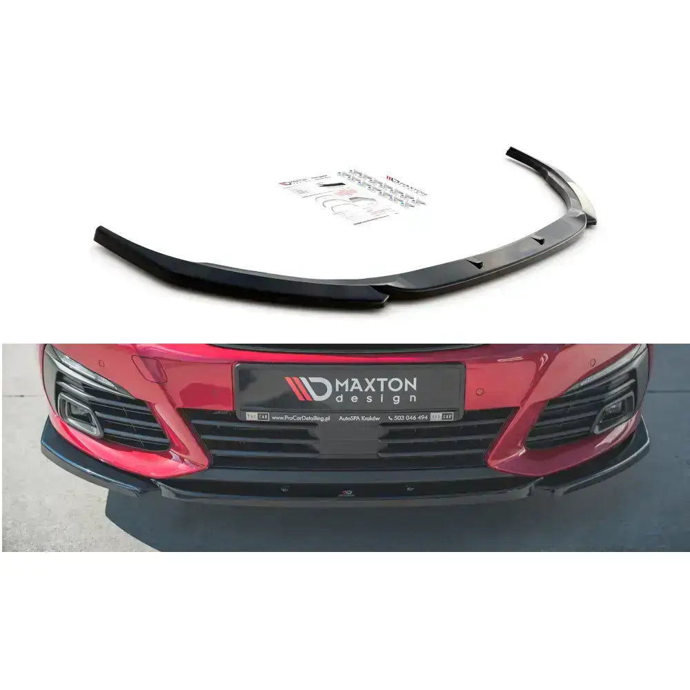 Frontspoiler Peugeot 308 GT Mk2 Facelift V.2 i sort glanset plast med monteringsutstyr ved siden av.