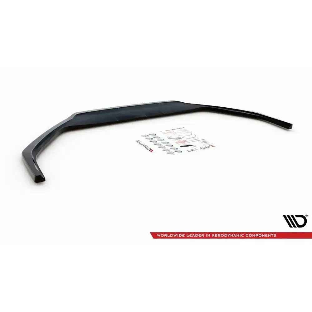 Frontspoiler Peugeot 508 GT Mk1 Facelift V.2 sett skrått ovenfra med monteringsutstyr og klistremerker.