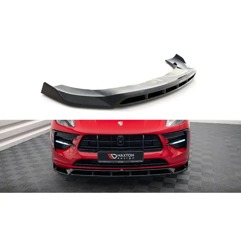 Frontspoiler til Porsche Macan Mk1 Facelift 18-21 V.2, sort plast, montert på rød bil, frontvisning.