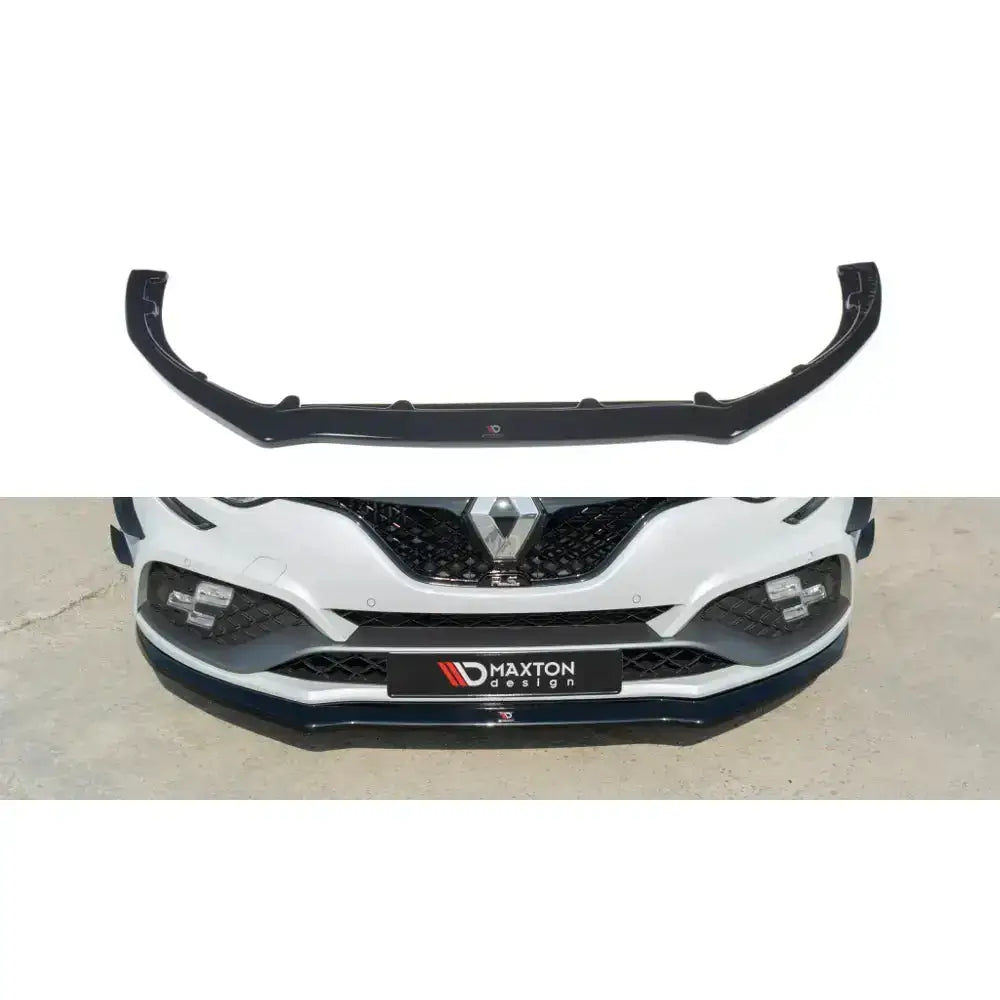 Frontspoiler Renault Megane IV Rs V.2 i svart blank plast, sett ovenfra montert på hvit bil.