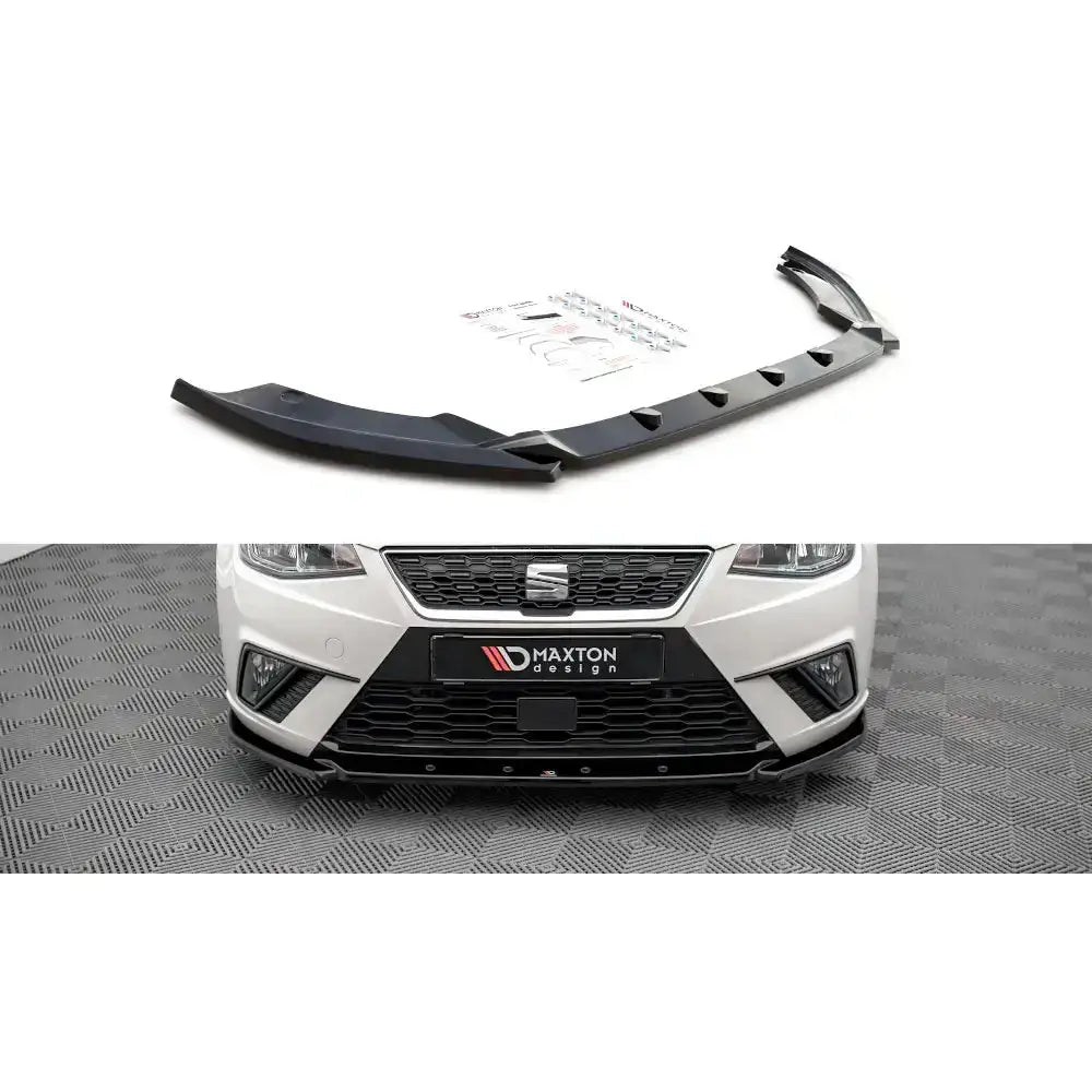 Frontspoiler Seat Ibiza Mk5 17-21 V.2 i sort plast, vist separat og montert med monteringsutstyr.