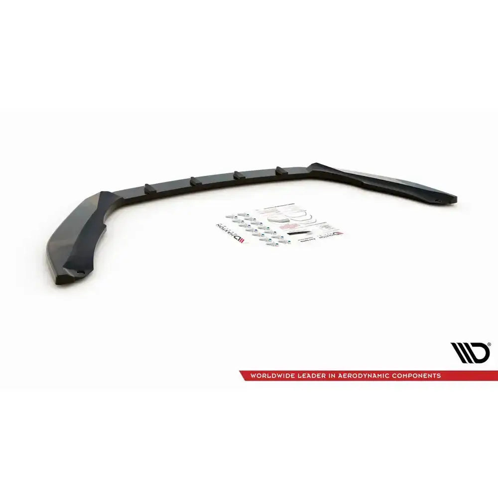 Frontspoiler Skoda Octavia RS Mk3 Facelift 16-19 V.2 med monteringsutstyr og instruksjoner på hvit bakgrunn.