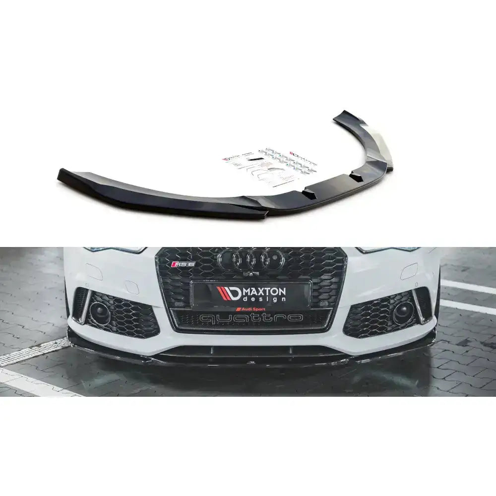 Frontspoiler Audi RS6 C7 V.3 i sort plast med monteringsutstyr, vist delvis montert på hvit bil.