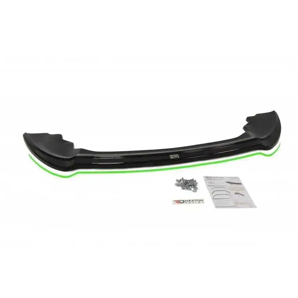 Frontspoiler til Ford Fiesta Mk7 ST Facelift V.6, sort med grønn stripe, sett ovenfra med utstyr.