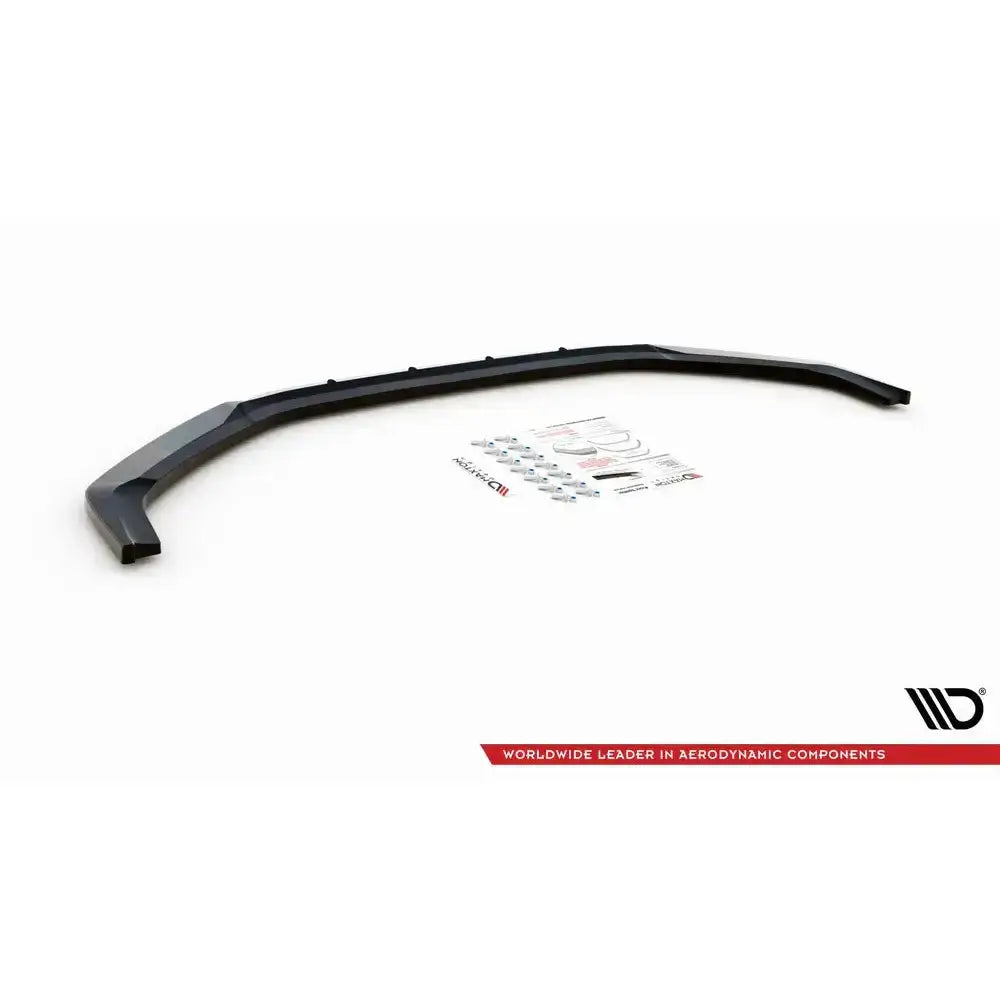 Frontspoiler Hyundai I20 N Mk3 V.3 sett ovenfra med monteringsdeler og instruksjoner på hvit bakgrunn.