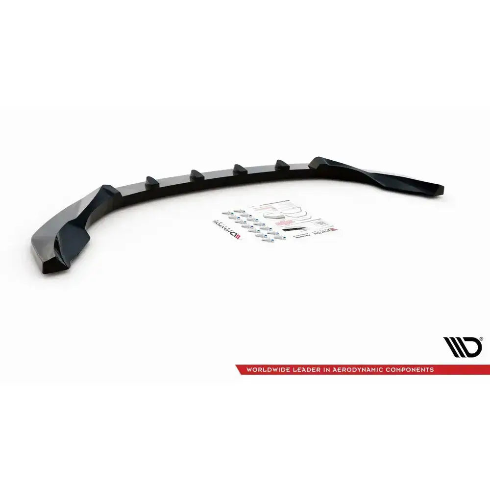 Frontspoiler til Nissan 370Z Facelift V.3 sett ovenfra med monteringsutstyr og instruksjoner synlig.