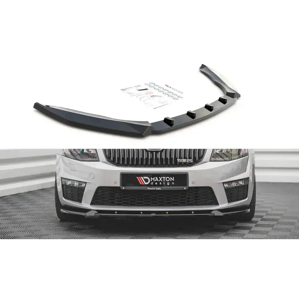Frontspoiler til Skoda Octavia RS Mk3 V.3 13-16 med markerte kanter og monteringsutstyr.