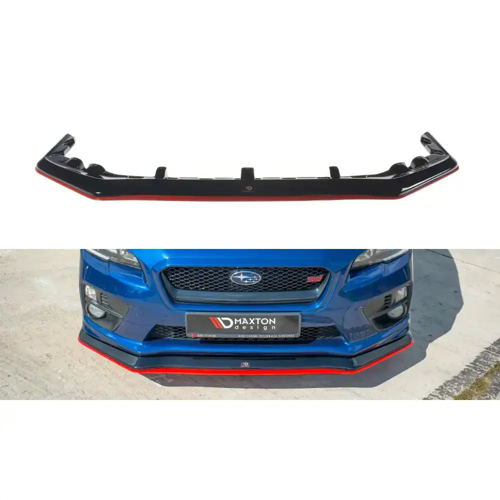 Frontspoiler Subaru WRX STI V.3 i svart med rød kant, montert på blå bil og vist separat forfra.