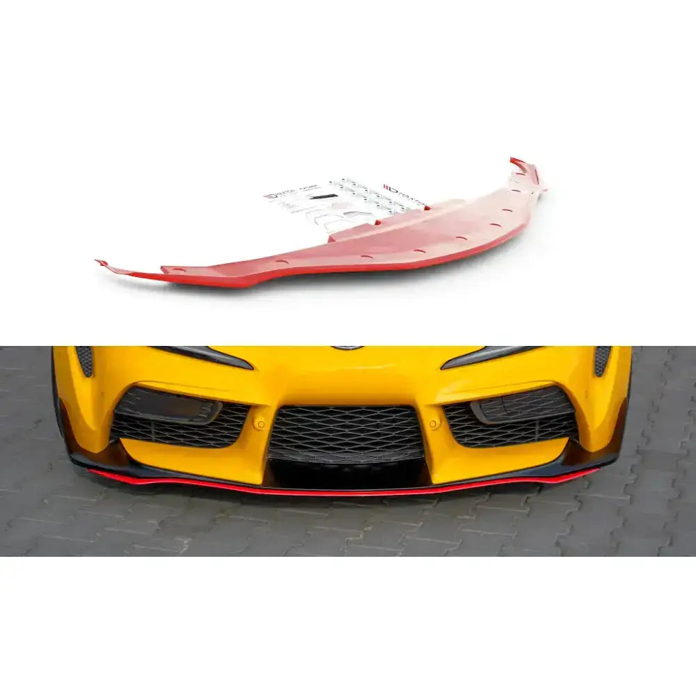 Frontspoiler til Toyota Supra Mk5 ABS V.3 i rød plast, montert på gul bil med markert rød kant.